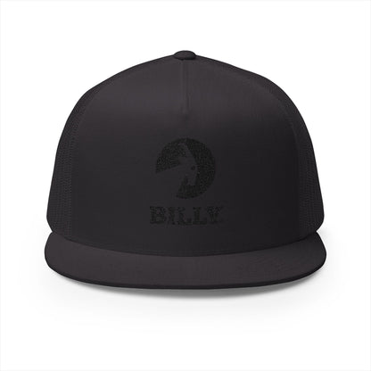  BILLY 5 Panel Flat Bill Trucker Cap (Black Vertical Logo - Embroidery) — AVAILABLE IN 10 COLORS