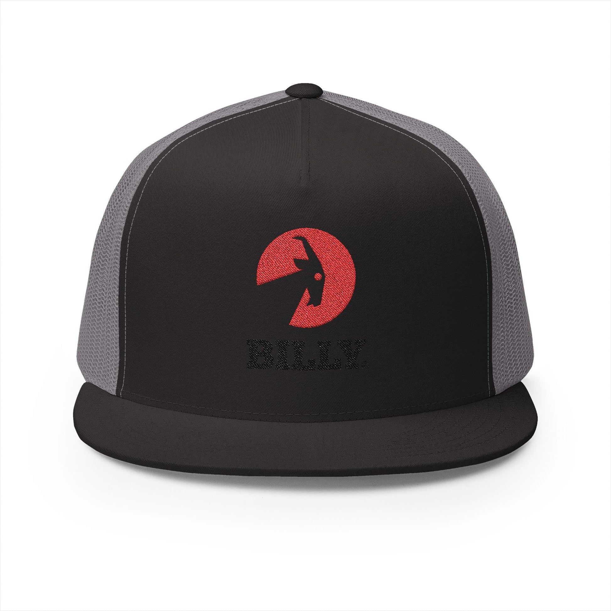  BILLY 5 Panel Flat Bill Trucker Cap (Red/Black Vertical Logo - Embroidery) — AVAILABLE IN 12 COLORS