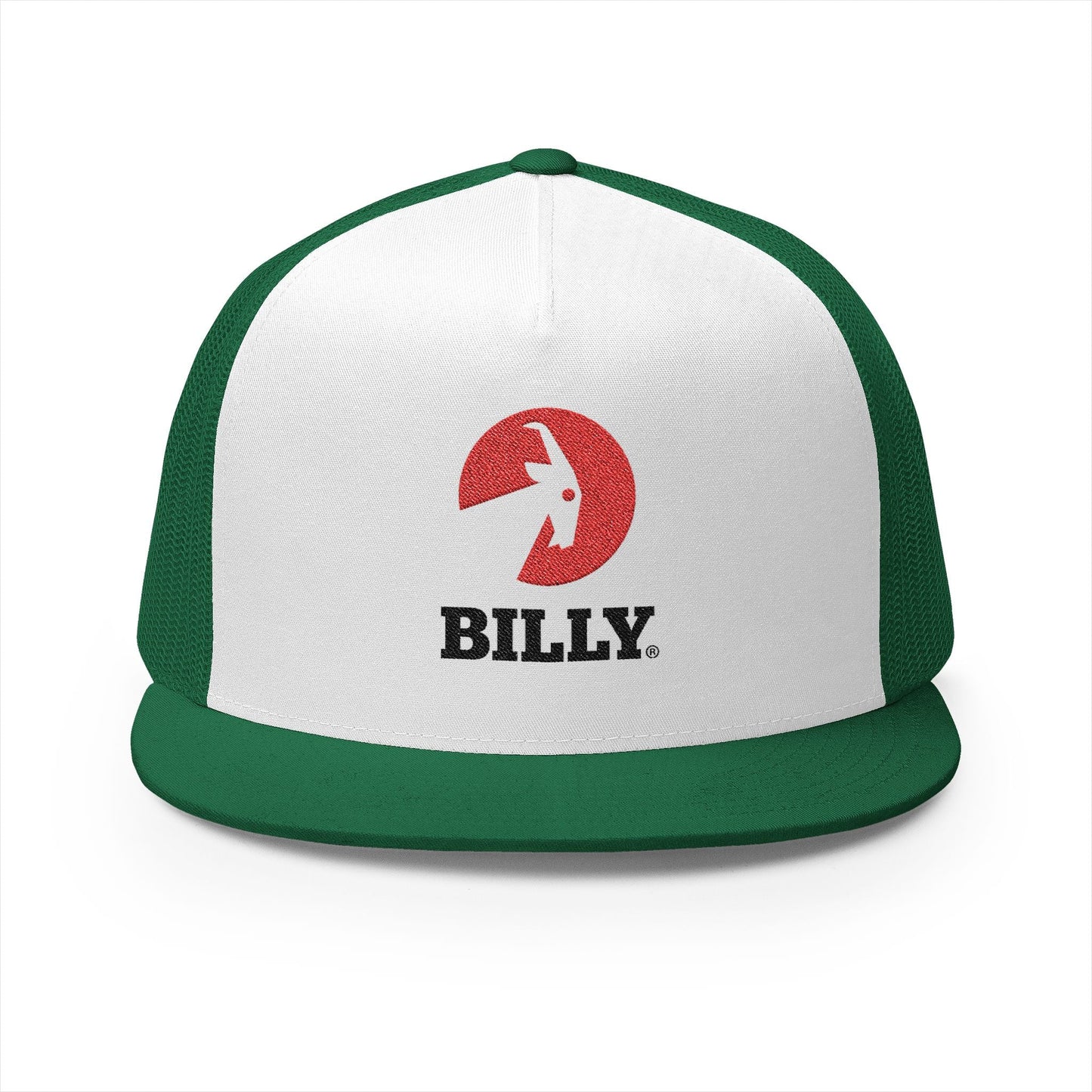  BILLY 5 Panel Flat Bill Trucker Cap (Red/Black Vertical Logo - Embroidery) — AVAILABLE IN 12 COLORS