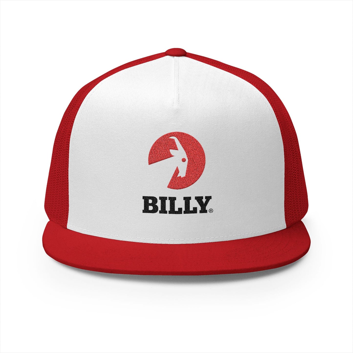  BILLY 5 Panel Flat Bill Trucker Cap (Red/Black Vertical Logo - Embroidery) — AVAILABLE IN 12 COLORS