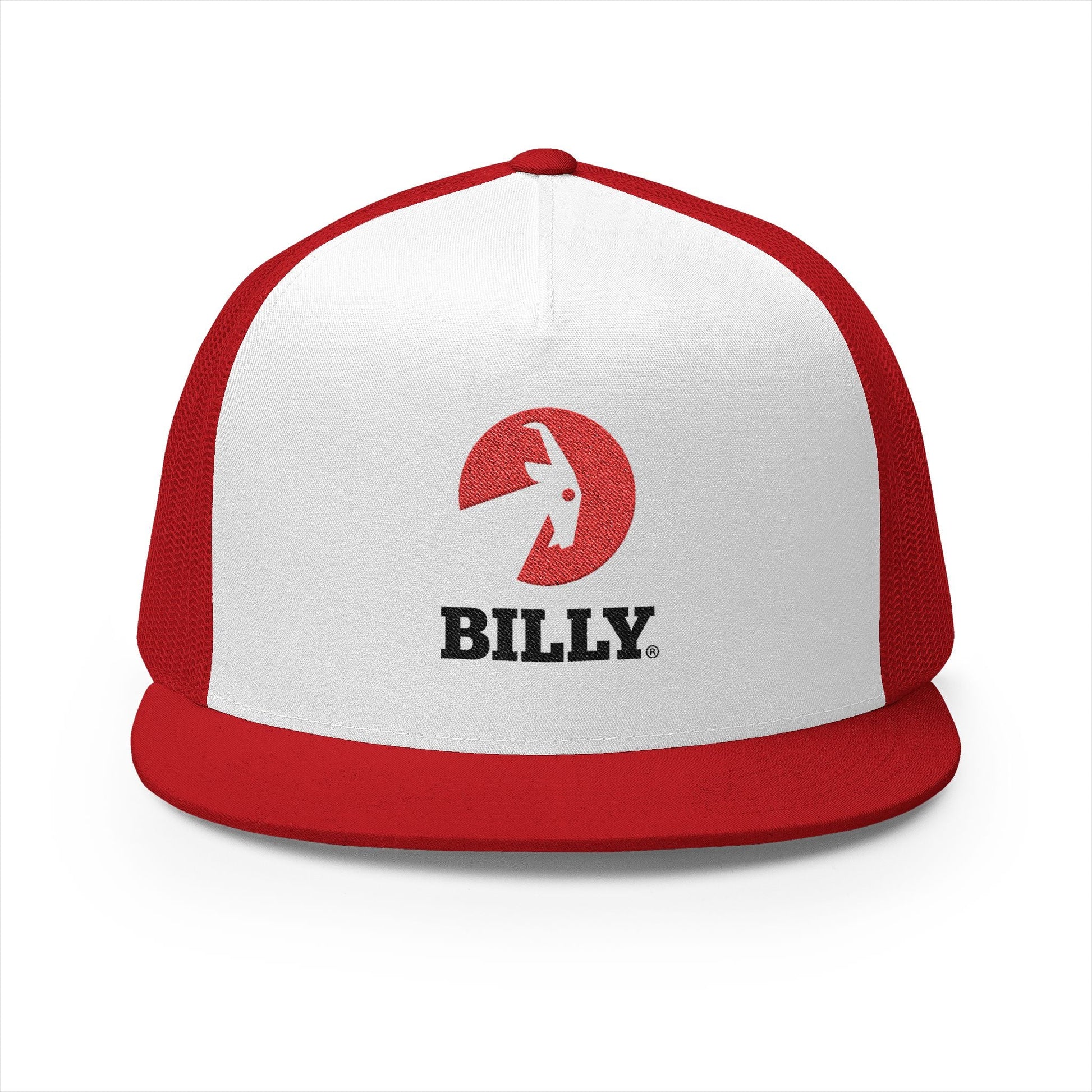  BILLY 5 Panel Flat Bill Trucker Cap (Red/Black Vertical Logo - Embroidery) — AVAILABLE IN 12 COLORS