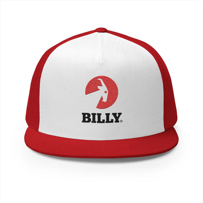  BILLY 5 Panel Flat Bill Trucker Cap (Red/Black Vertical Logo - Embroidery) — AVAILABLE IN 12 COLORS
