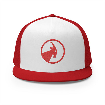  BILLY 5 Panel Flat Bill Trucker Cap (Red Goat - Embroidery) — AVAILABLE IN 13 COLORS