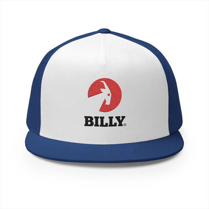  BILLY 5 Panel Flat Bill Trucker Cap (Red/Black Vertical Logo - Embroidery) — AVAILABLE IN 12 COLORS