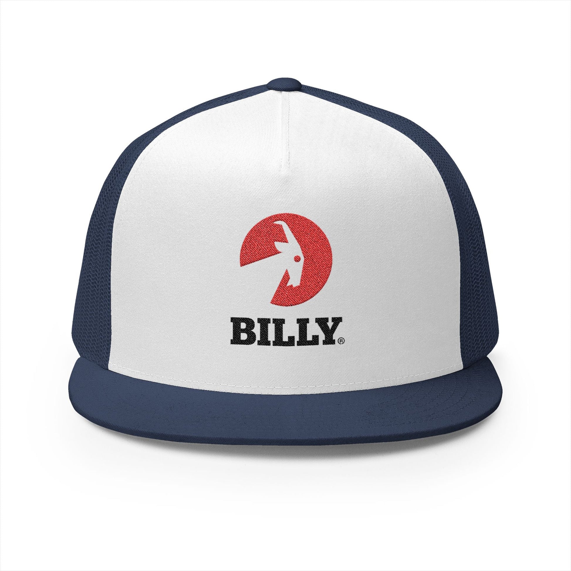  BILLY 5 Panel Flat Bill Trucker Cap (Red/Black Vertical Logo - Embroidery) — AVAILABLE IN 12 COLORS
