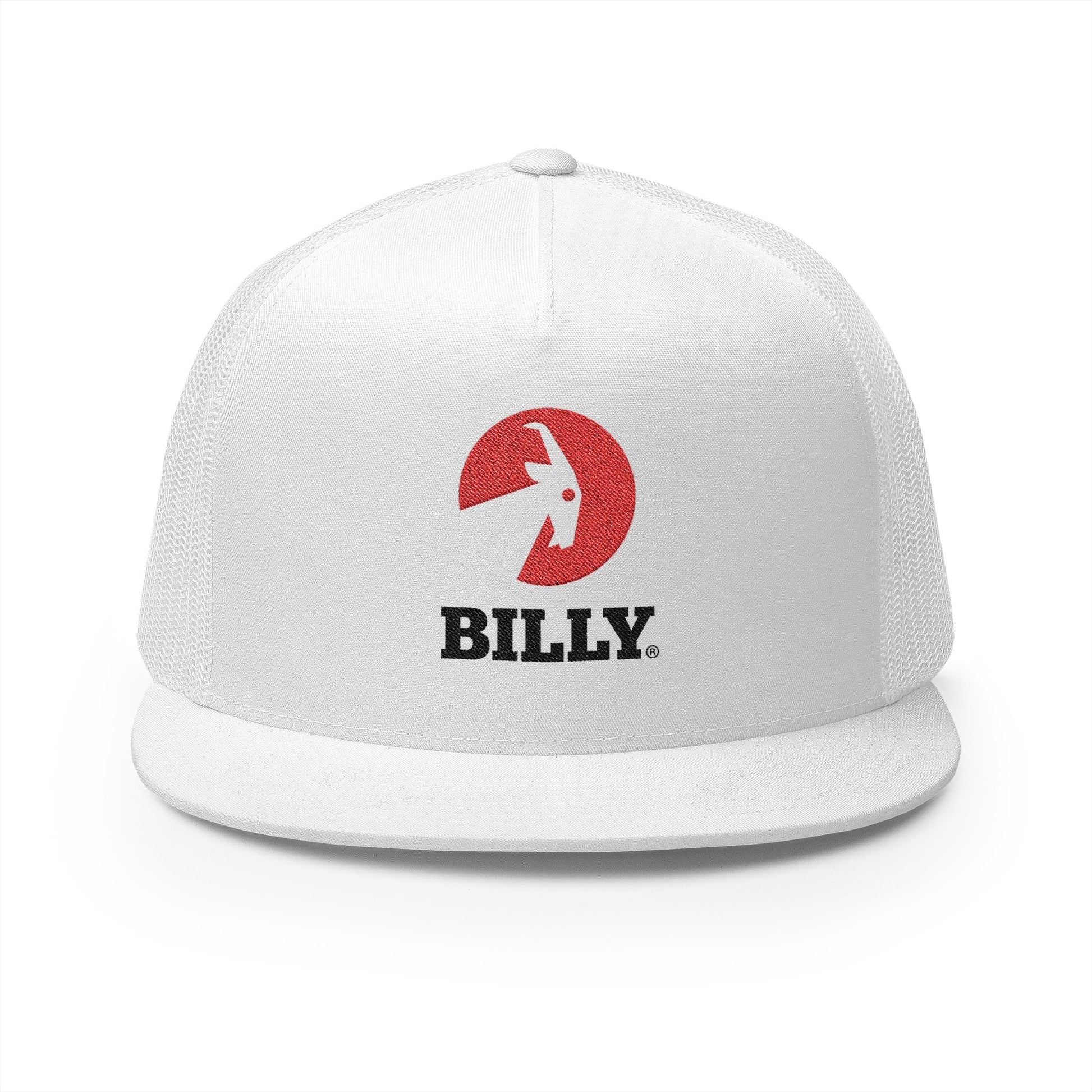  BILLY 5 Panel Flat Bill Trucker Cap (Red/Black Vertical Logo - Embroidery) — AVAILABLE IN 12 COLORS