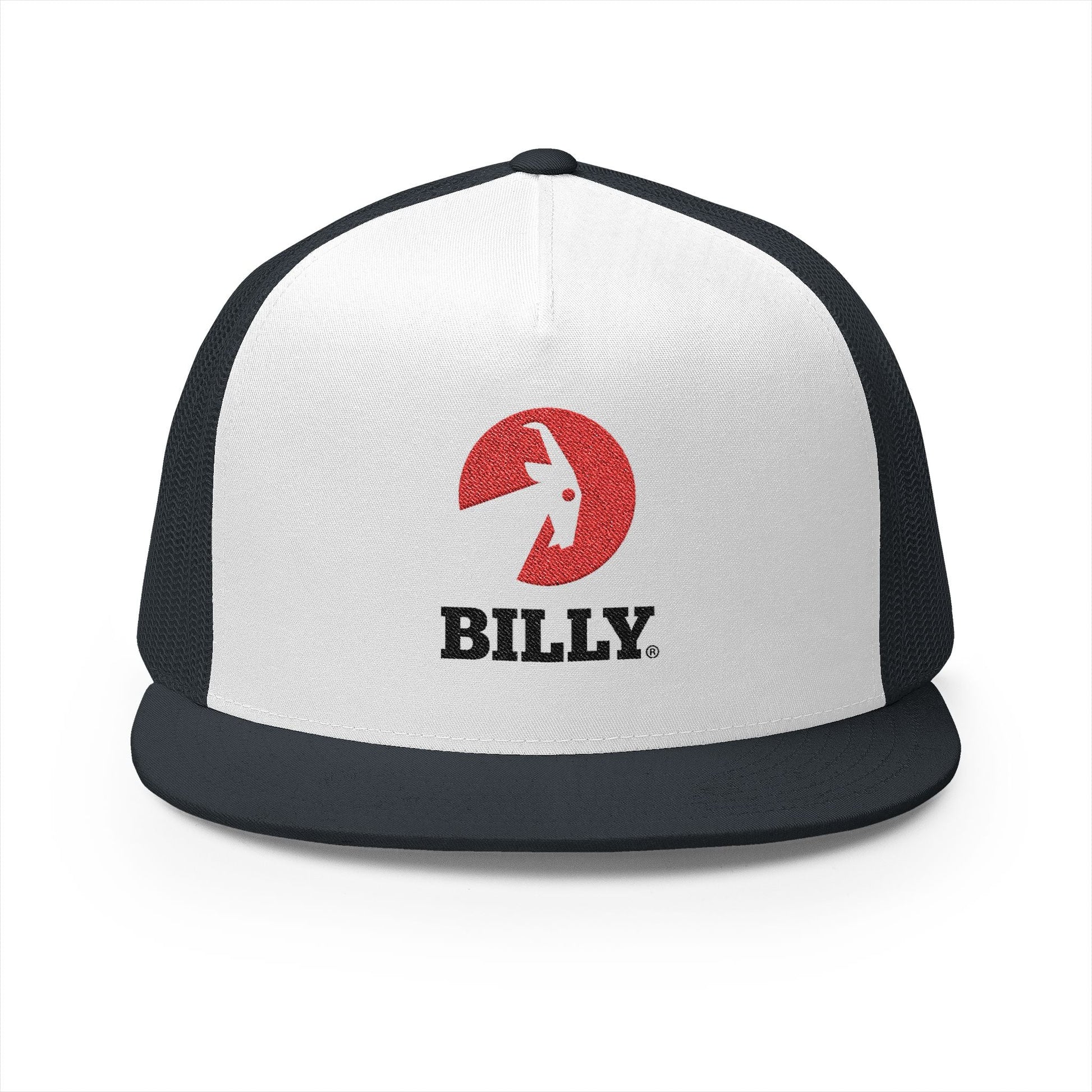 BILLY 5 Panel Flat Bill Trucker Cap (Red/Black Vertical Logo - Embroidery) — AVAILABLE IN 12 COLORS