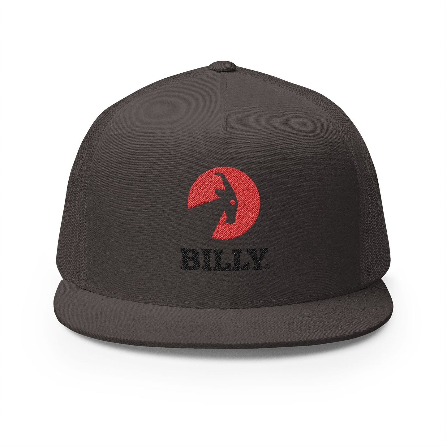  BILLY 5 Panel Flat Bill Trucker Cap (Red/Black Vertical Logo - Embroidery) — AVAILABLE IN 12 COLORS