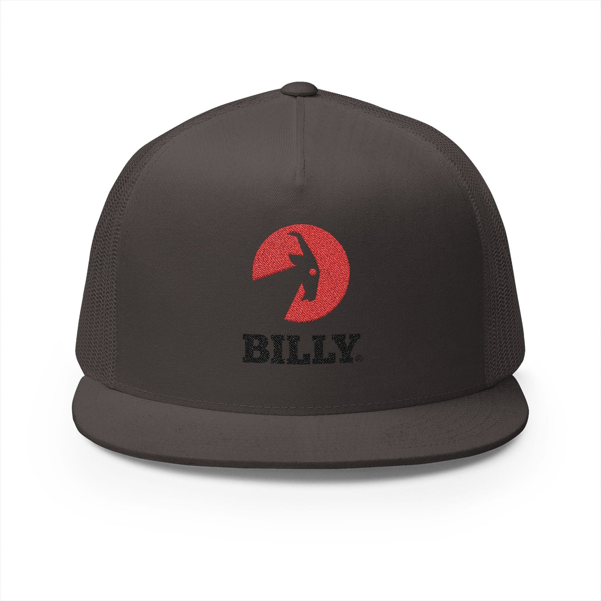  BILLY 5 Panel Flat Bill Trucker Cap (Red/Black Vertical Logo - Embroidery) — AVAILABLE IN 12 COLORS