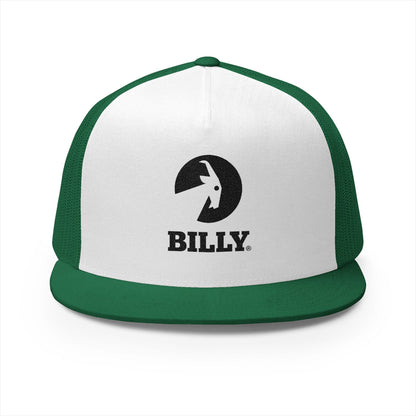  BILLY 5 Panel Flat Bill Trucker Cap (Black Vertical Logo - Embroidery) — AVAILABLE IN 10 COLORS