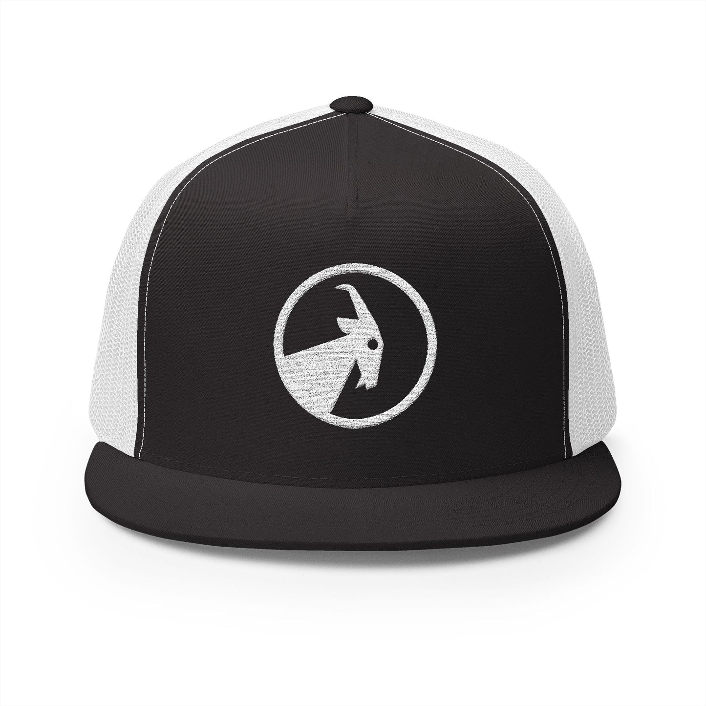  BILLY 5 Panel Flat Bill Trucker Cap (White Goat - Embroidery) — AVAILABLE IN 6 COLORS