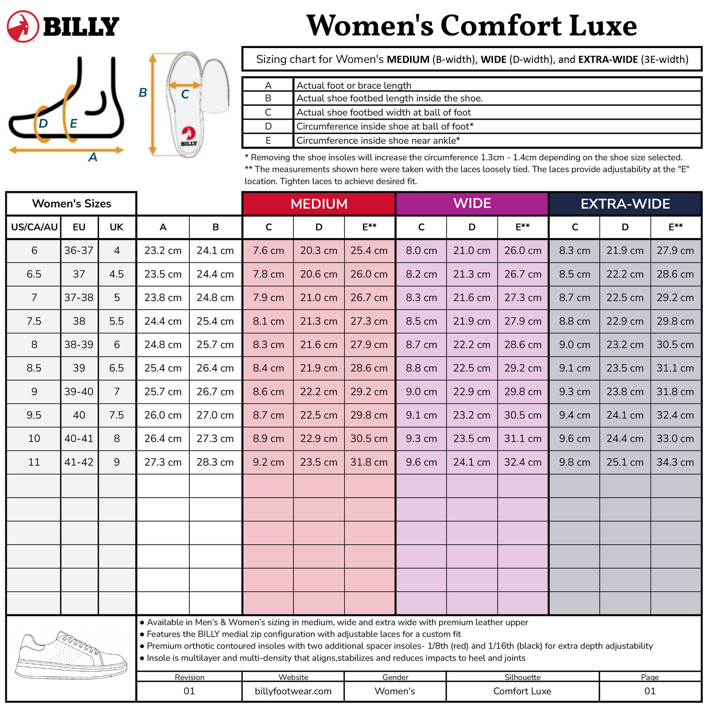  Women's White Leather BILLY Comfort Luxe