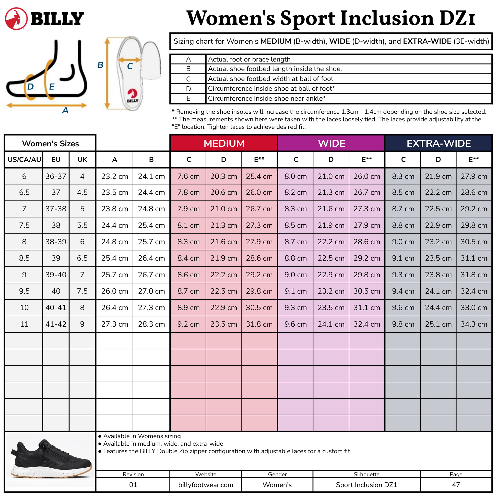  Women's Black/White/Gum BILLY Sport Inclusion DZ1